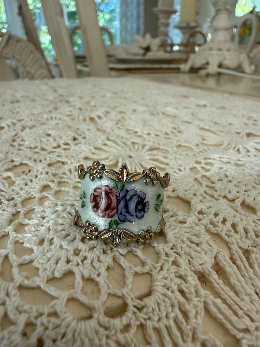 Porcelain Floral Wide Band Ring with Silver Accents - White, Pink & Blue